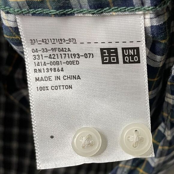 UNIQLO Shirt Mens Medium M Green Tartan Plaid Button Down Cotton Long Sleeve - Picture 7 of 8